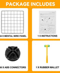 Package contents for Freely Configurable Nine Cube Wire Storage Organizer including panels, connectors, instructions, and mallet