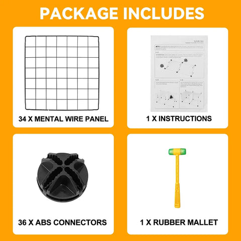 Package contents for Freely Configurable Nine Cube Wire Storage Organizer including panels, connectors, instructions, and mallet
