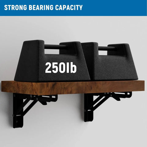 Built To Survive Anything These Hella Tough 8 Inch Folding Shelf Brackets support 250lb with a wooden shelf, ideal for garages or kitchens.