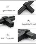 Close-up of matte black 25 pack cabinet handles, showing tight connection, deep hole thread, and anti-fingerprint finish.