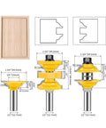Pro 3-Piece T Slot Router Bit Set With Bearings For Precision Wood Milling Joinery And Rabbeting 8mm 12mm Shank Sizes on wood panel with dimensions.