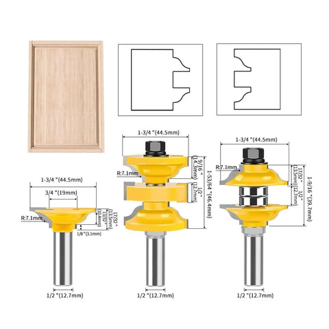 Pro 3-Piece T Slot Router Bit Set With Bearings For Precision Wood Milling Joinery And Rabbeting 8mm 12mm Shank Sizes on wood panel with dimensions.