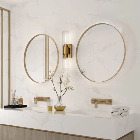 Stylish Modern 2 Light Vanity Light Fixture In Matte Gold With Clear Glass Up And Down Wall Sconces For Bathroom Bedroom Hallway And Kitchen Bulbs Not Included mounted on bathroom wall between two mirrors