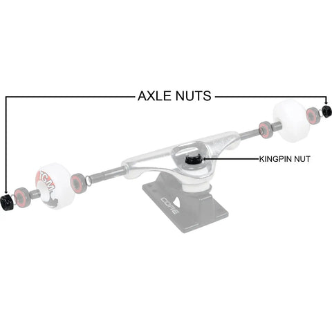 Premium Skateboard Bushings And Kingpin Hardware Rebuild Kit includes labeled axle and kingpin nuts for precise tuning.