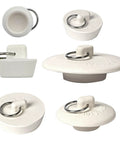 Heavy Duty Rubber Drain Stopper With Sturdy Pull Ring, Six Piece Set Of White Sink Plugs That Slickly Fit Most Bathtub And Kitchen Drains Daily, assorted sizes.