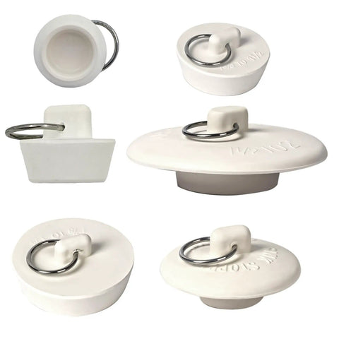 Heavy Duty Rubber Drain Stopper With Sturdy Pull Ring, Six Piece Set Of White Sink Plugs That Slickly Fit Most Bathtub And Kitchen Drains Daily, assorted sizes.