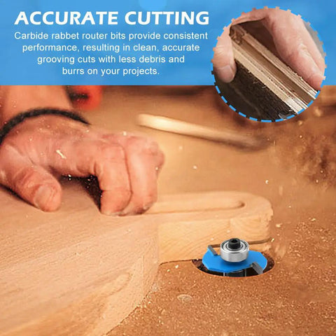 Pro Grade Carbide Rabbet Router Bit Set For Woodworking in use, creating clean grooves in a wooden board for precise cuts.