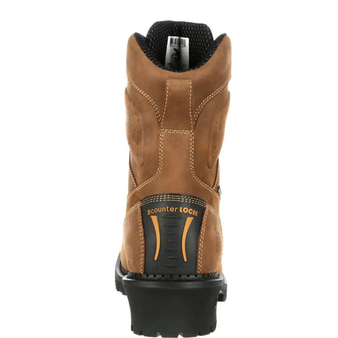Back view of Logger Style Composite Toe Work Boot With Waterproof System And Electrical Hazard Safety Full Grain Leather Upper Brown Wide 8.5