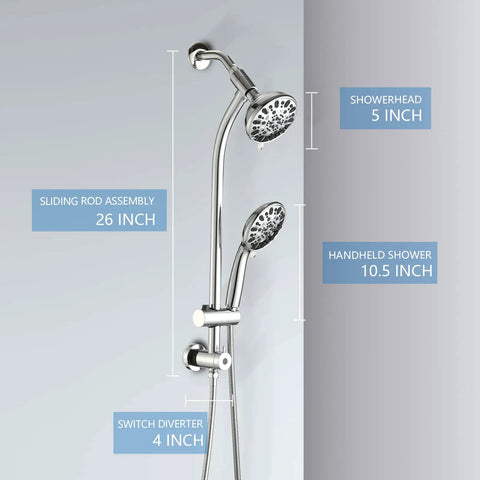 High Pressure 48 Setting Dual Shower Head With Handheld And Sliding Bar Chrome Finish No Drill Installation shown in detail
