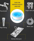 10 Pack PTFE Teflon Tape For Plumbing, Heavy Duty Thread Seal Tape For Leak Proof Water Pipes, Half Inch By 500 Inch, shown for various pipe joints