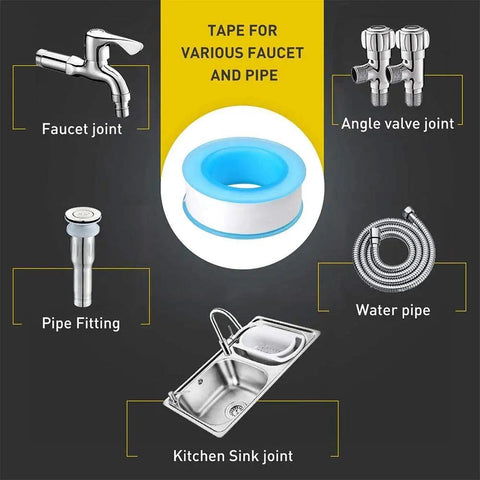 10 Pack PTFE Teflon Tape For Plumbing, Heavy Duty Thread Seal Tape For Leak Proof Water Pipes, Half Inch By 500 Inch, shown for various pipe joints