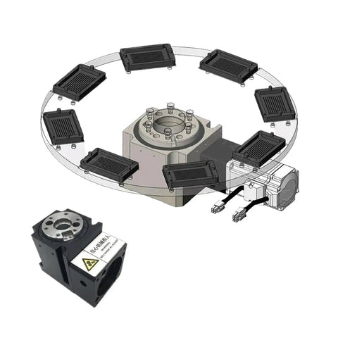 High Duty Circular Locator With Hollow Rotary Table And Speed Reducer, illustration showing rotary platform and motor connections.