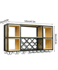 Industrial Iron And Raw Wood Wall Mounted Wine Rack, Heavy Duty Hanging Bottle Holder with open shelves and hooks.