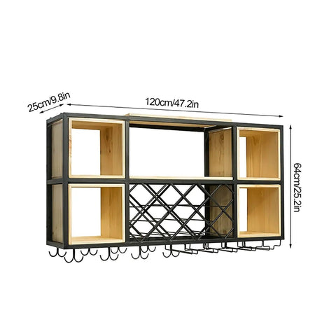 Industrial Iron And Raw Wood Wall Mounted Wine Rack, Heavy Duty Hanging Bottle Holder with open shelves and hooks.