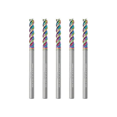 Extra Long Three Sixteenth Inch Carbide Square End Mill Set For Aluminum Copper Alloy And Plastic Three Inch Overall Length Five Piece DLC Coated 3 Flute CNC Router Bits Shank Three Sixteenth Inch Pro Grade.