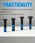 Top Shelf Gunsmithing Screw Kit Featuring M3 M4 And Four Forty Threads With Badass Wrench Designed For Red Dot Sight Setup No Fuss Install Locked And Loaded, showing black screws with blue threads.