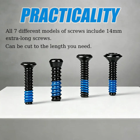 Top Shelf Gunsmithing Screw Kit Featuring M3 M4 And Four Forty Threads With Badass Wrench Designed For Red Dot Sight Setup No Fuss Install Locked And Loaded, showing black screws with blue threads.