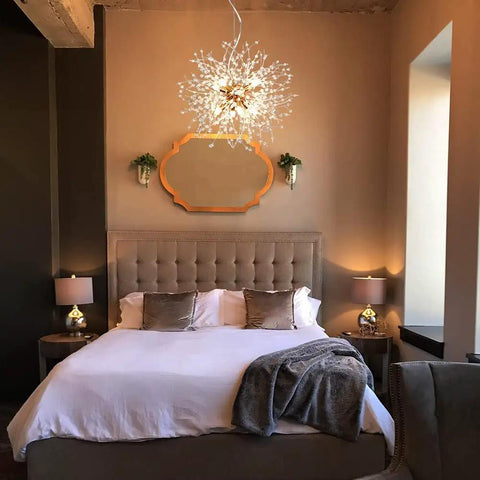 Eight Light Gold Crystal Firework Dandelion Chandelier With Modern Semi Flush Mount Ceiling Light Fixture in a bedroom setting