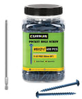 600 Pcs Size 8 Pocket Hole Screws 2-1/2 In Exterior Blue Coated For Weather-Resistant Outdoor Projects shown in jar with bit