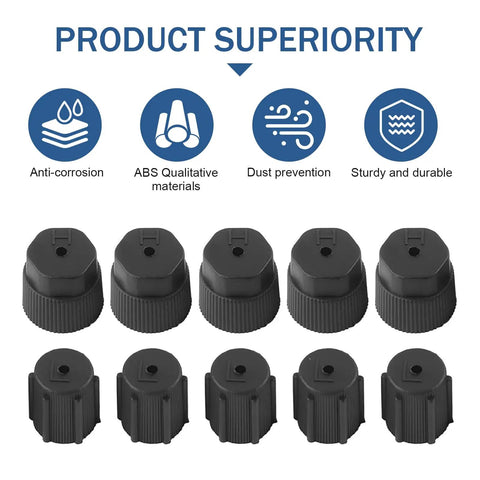 10 Piece Car R134a AC Valve Cap Kit With 13mm And 16mm Low And High Pressure Caps, Leak Proof Air Conditioning Port Caps, Built Tough From ABS, Reusable Valve Fittings for Auto AC Service image showing product superiority icons.