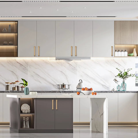 Modern kitchen with 5 Pack 5 Inch Gold Cabinet Handles Champagne Bronze Kitchen Cabinet Pulls For Cupboard And Drawer installed.