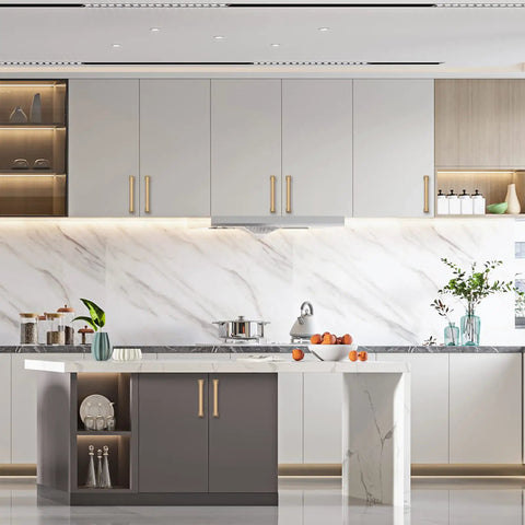 Modern kitchen with 5-inch cabinet handles, champagne bronze finish, featuring rust proof anti corrosion design for renovations.