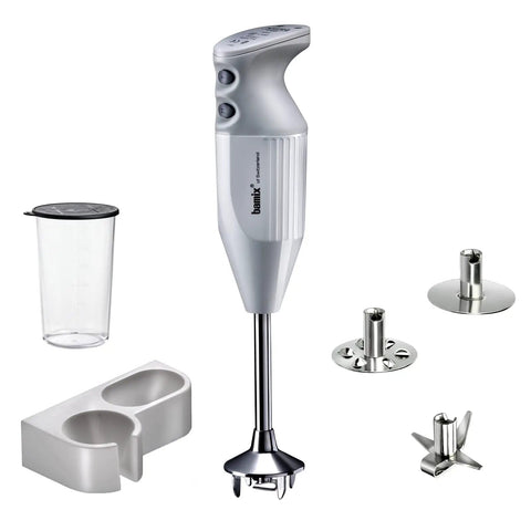 Swiss Made Immersion Hand Blender with stainless steel blades, measuring cup, and accessories for blending and chopping.