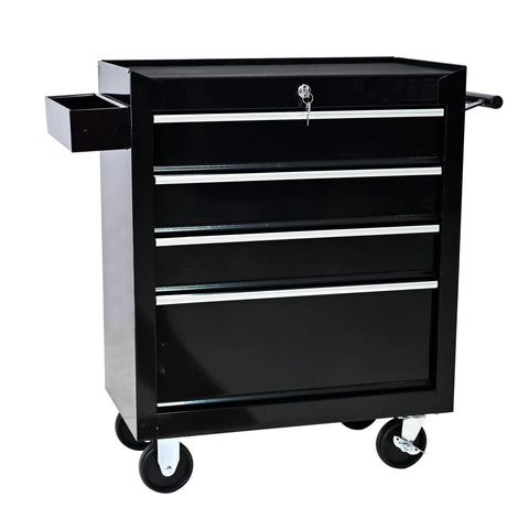 Heavy Duty Rolling Tool Chest With Four Top Shelf Drawers And Secure Locking Mechanism Rock Tough Steel Shop Organizer For Garage Crew Pro Grade Mechanics Storage Black. Compact design with four drawers, locking mechanism, durable wheels.