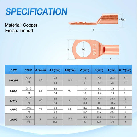 Heavy Duty Battery Terminal Crimp Connector Kit With 70 Copper Wire Lugs And 80 Heat Shrink Tubing For 2 4 6 8 10 AWG specs