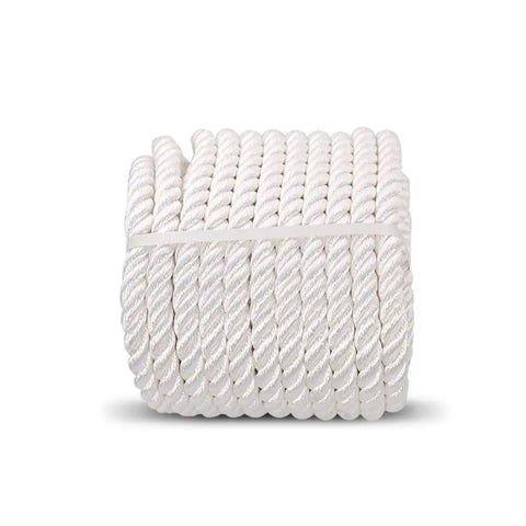 Heavy Duty Nylon Twisted Rope Three Quarter Inch White Pull Cord 100 Ft Tough Weather Resistant For Anchor Lifts Tree Work Cargo Hauling And Craft Projects That Lasts Long coiled and ready for use