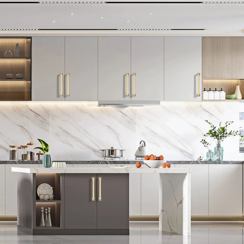 Modern kitchen featuring 10 Pack 5 Inch Brushed Brass Cabinet Handles Set Gold Kitchen Cabinet Pulls for Cupboards and Drawers Durable Hardware Sleek Modern Pulls for Easy Renovation and Installation on sleek gray and wood cabinets.