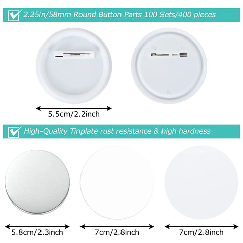 YAYODS 58mm round button parts set for button maker, 400-piece kit with blank backs, metal shells, film & paper.