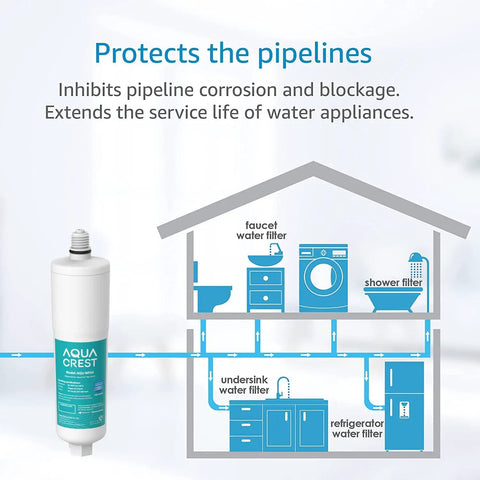 Illustration of No Fuss Whole House Scale Inhibitor Filter Cartridge with house diagram showing scale protection