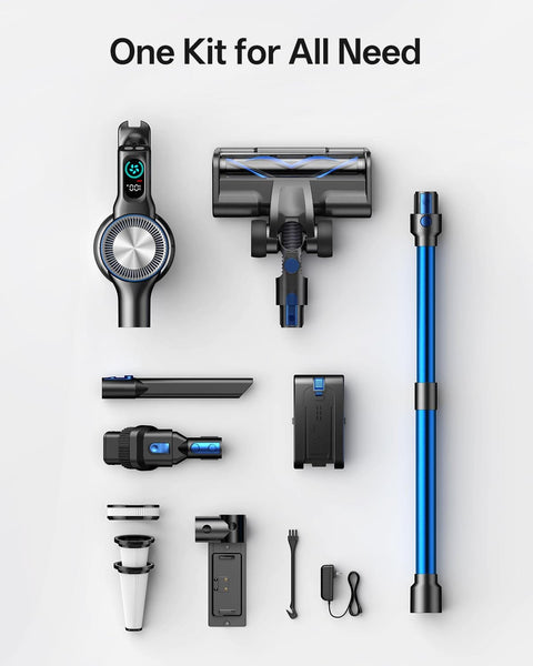 Components of 8 In 1 Cordless Stick Vacuum With 3 Suction Modes, Up To 45 Minutes Runtime, Self Standing And Rechargeable shown.