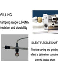 Qugurlid Mini Lathe Polisher Machine For DIY Wood Metal Working showing drilling clamp 0.6-6MM and flexible shaft for precision tasks.