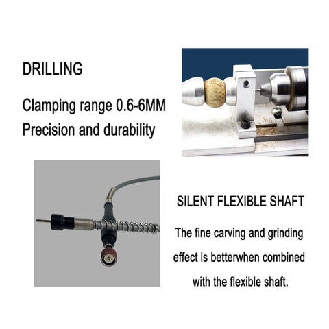 Qugurlid Mini Lathe Polisher Machine For DIY Wood Metal Working showing drilling clamp 0.6-6MM and flexible shaft for precision tasks.