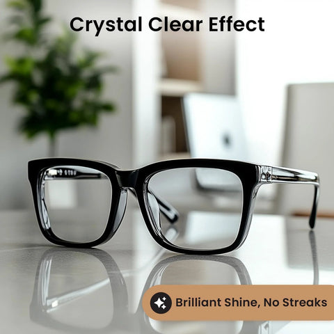 Black plastic rectangular eyeglasses viewed from the front on a reflective surface