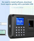 Top Shelf Fingerprint Time Clock For Small Business Crew Lightning Fast Biometric Check In System With Passcode Backup showing USB port and display.
