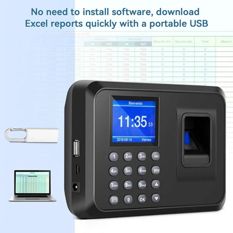 Top Shelf Fingerprint Time Clock For Small Business Crew Lightning Fast Biometric Check In System With Passcode Backup showing USB port and display.