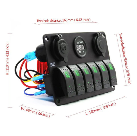12 Volt Green LED 6 Gang Rocker Switch Panel With USB Charger And Cigarette Lighter Socket Voltmeter Waterproof Marine Boat RV UTV ATV