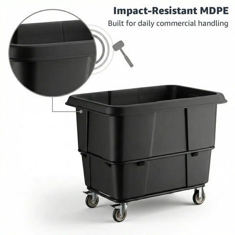 Real Deal 20 Cubic Foot Heavy Duty Trash Cube Truck With 1200 Pound Capacity, Black Rolling Laundry Cart And Construction Waste Hauler For Warehouses And Hotels, Tough Enough Roll Away Recycle Wagon, impact-resistant MDPE material.