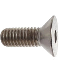 Close-up of 2-1/2 Inch 5/16-18 Flat Head Socket Cap Screw with Allen Drive, 18-8 Stainless Steel, bright finish showing thread detail.