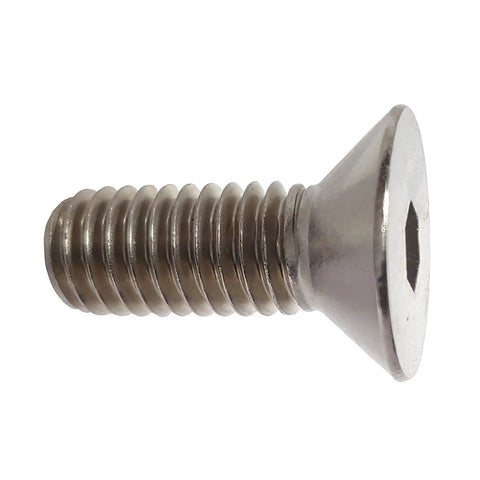 Close-up of 2-1/2 Inch 5/16-18 Flat Head Socket Cap Screw with Allen Drive, 18-8 Stainless Steel, bright finish showing thread detail.