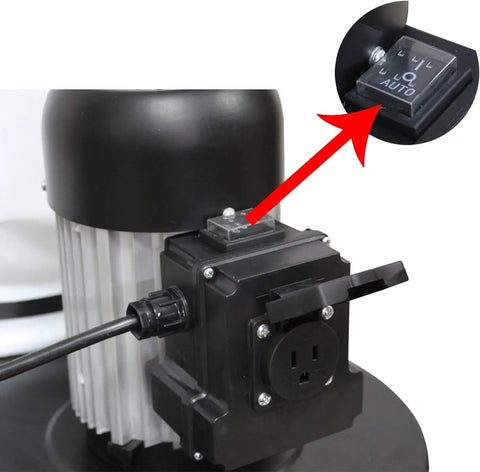 This Badass 1.2 HP Auto Start Dust Collector Kicks Out 750 CFM Of Shop Air For woodworking shops power switch close-up.