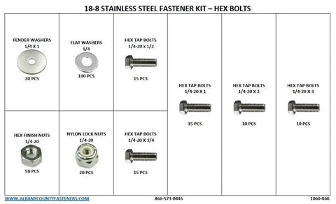 Image of All In One Stainless Steel Hex Tap Bolts Kit With Nuts And Washers One Quarter Inch Twenty Thread 256 Piece Assortment Includes Flat Washers Fender Washers And Nylon Insert Lock Nuts, showing layout and number of pieces by type.