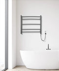 Black Wall Mounted Electric Towel Warmer Rack With 5 Bars Stainless Steel Heated Towel Holder 40W 120V in bathroom setting
