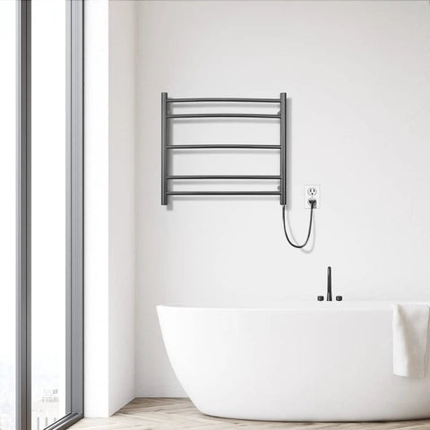 Black Wall Mounted Electric Towel Warmer Rack With 5 Bars Stainless Steel Heated Towel Holder 40W 120V in bathroom setting