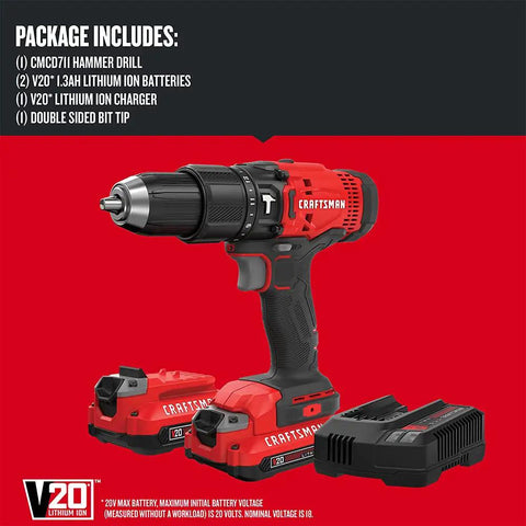V20 One Half Inch Cordless Hammer Drill Kit With Two Batteries And Charger Included For Heavy Duty Jobsite Drilling In Concrete And Brick 280 Unit Watts Out Twenty Five Thousand Five Hundred BPM Two Speed Gearbox