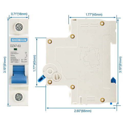 DZ47-63 C40 40 Amp 1 Pole DIN Rail Mount Miniature Circuit Breaker 230V AC C Type Trip 4000A Breaking Capacity side view