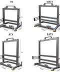 Four Open Frame PC Chassis Aluminum Cases for ATX Motherboards, ITX, MATX, ATX, EATX sizes with unlimited GPU length and airflow design.